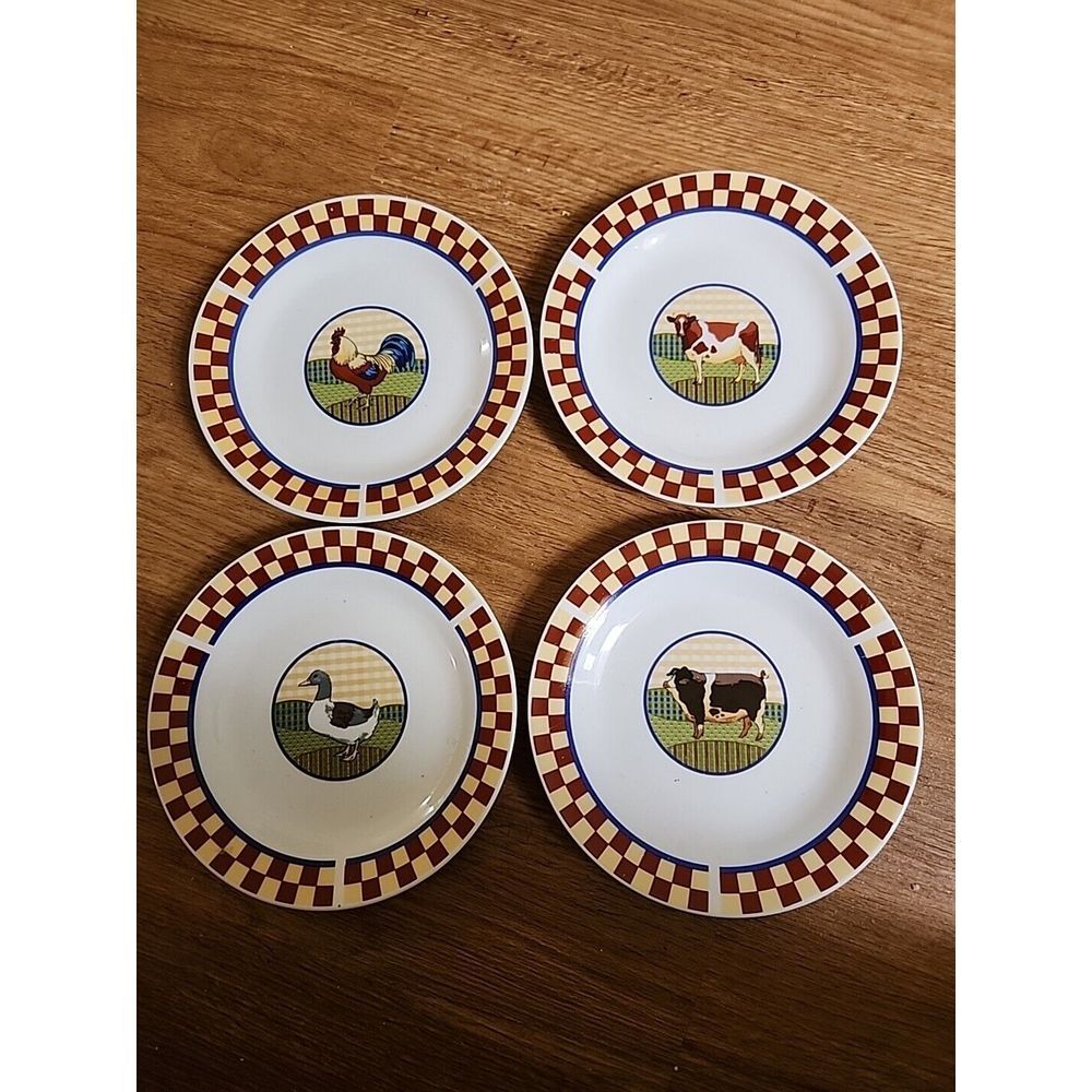 Set of 4 Alco Farm Animals Critters Bread/Butter Plates - Checkerboard Folk Art